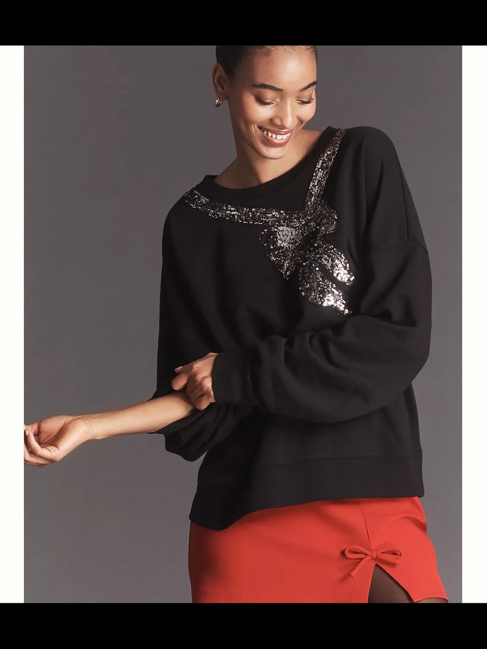 Black Sequin Embellished Bow Sweatshirt